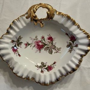 Vintage - Moss Rose China Candy Dish Japan #28/6M Scalloped Gold Rim w/Handle